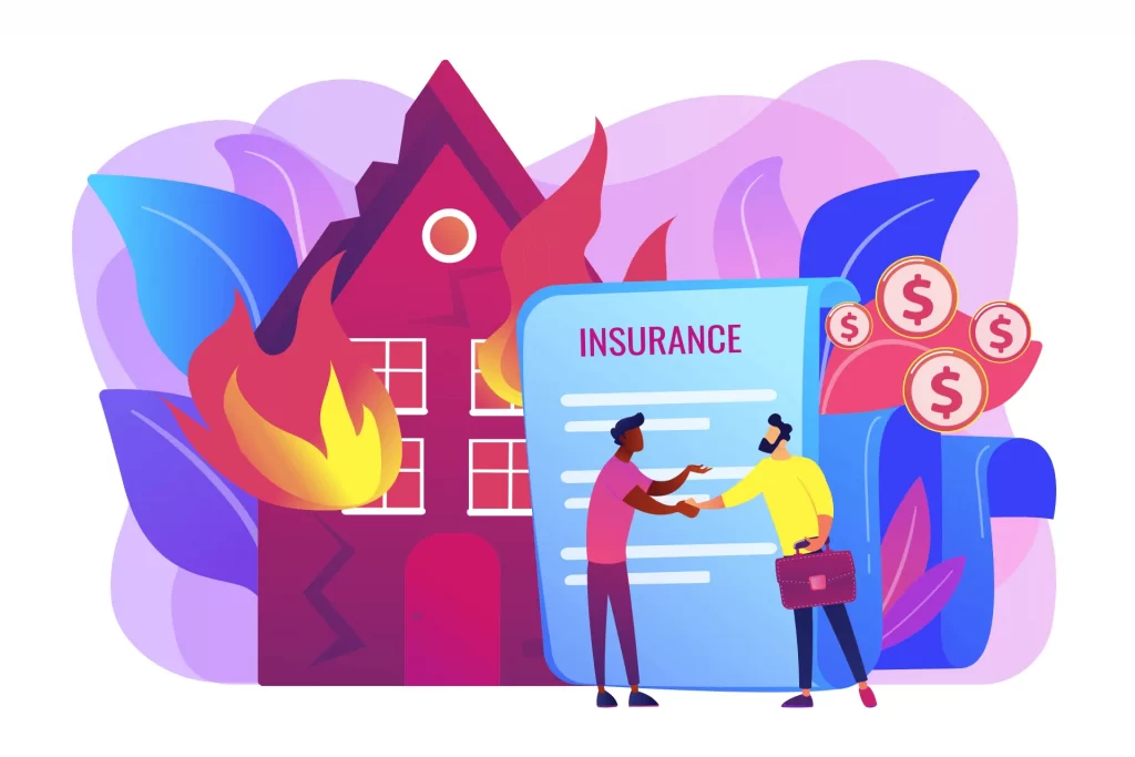 cartoon men shaking hands in front of an insurance sign and burning home