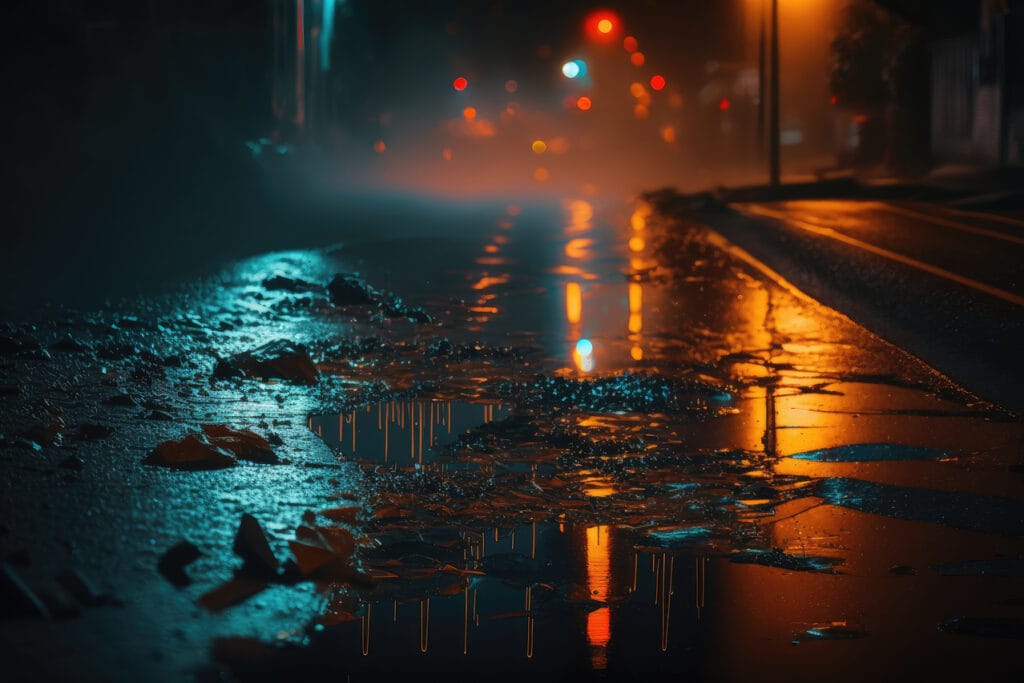 Wet asphalt of the night city, fog, light. Illustrations AI Generative