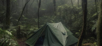 Rain over forest. The tent of tourists in the pouring rain.