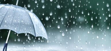 Transparent umbrella in the rain with a splashing water background. Generative AI.