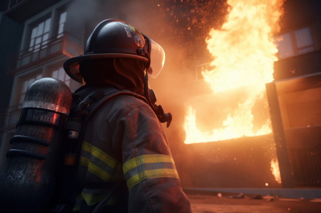 firefighter battles a blaze, using his hose to save a burning bu